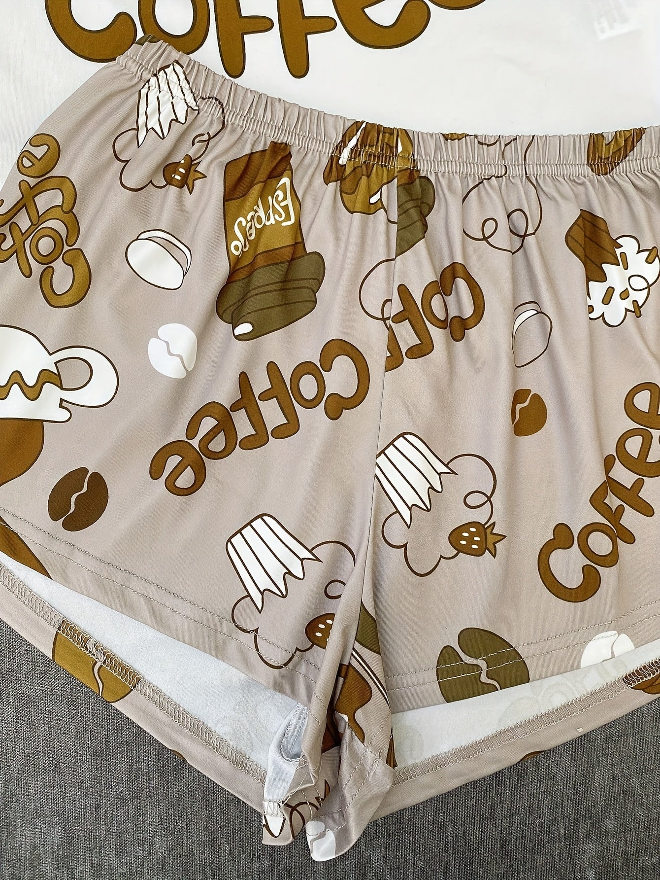 3pcs Women'S Pajama Set, Coffee, Slogan Print, Casual Round Neck, Polyester Knit, Comfortable All-Season Adult Sleepwear, Elegant Home Clothes