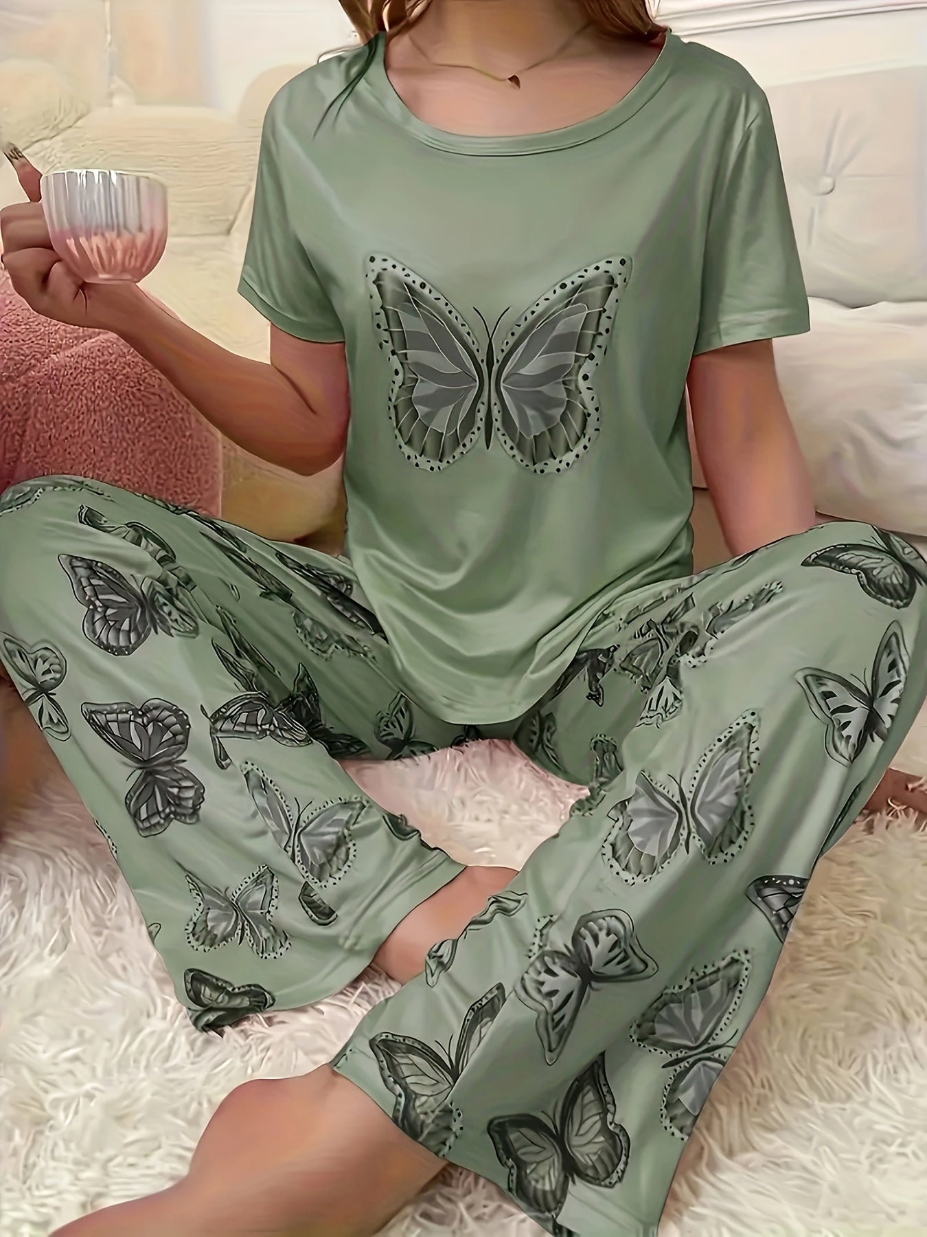 2pcs Women'S Pajama Set With Butterfly Pattern Top And Pants