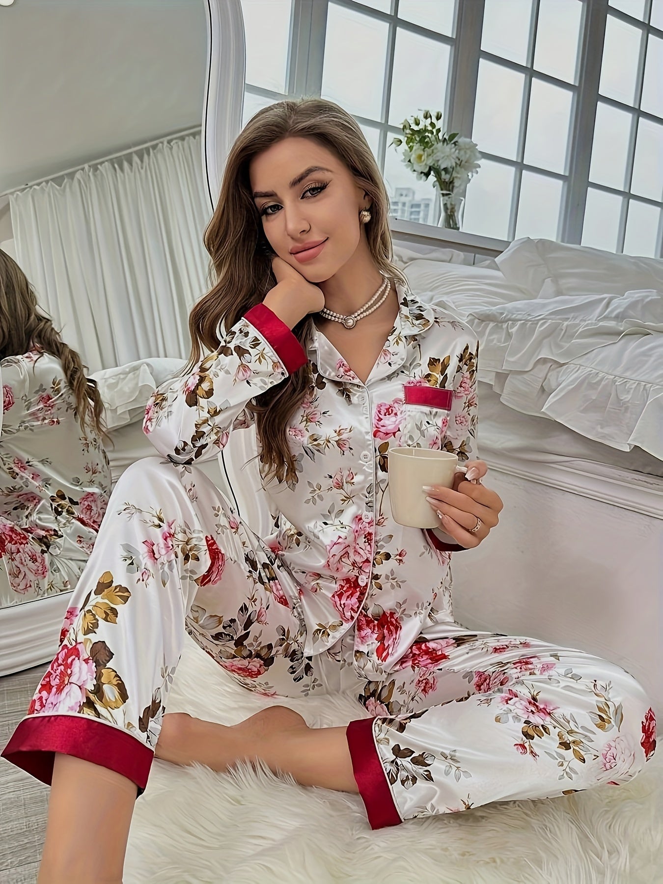 Long Sleeve Satin Color-Blocked Floral Print Autumn Pajama Set Long Pants
