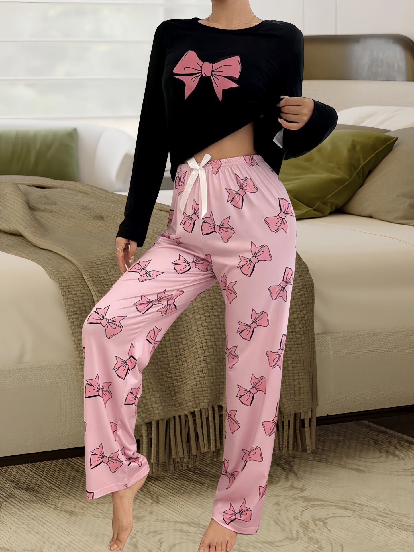 Women'S Bow Printed Pajama Set, Round Neck Long Sleeve Top And Elastic Pants Casual Two Piece Set, Stretch Polyester Blend, Machine Washable