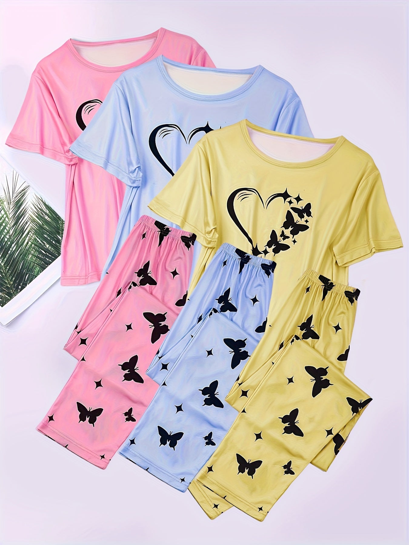 Three-Piece Set Short Sleeve Shorts Pajamas - Soft, Comfortable Home Clothes Set with Love Butterfly Design