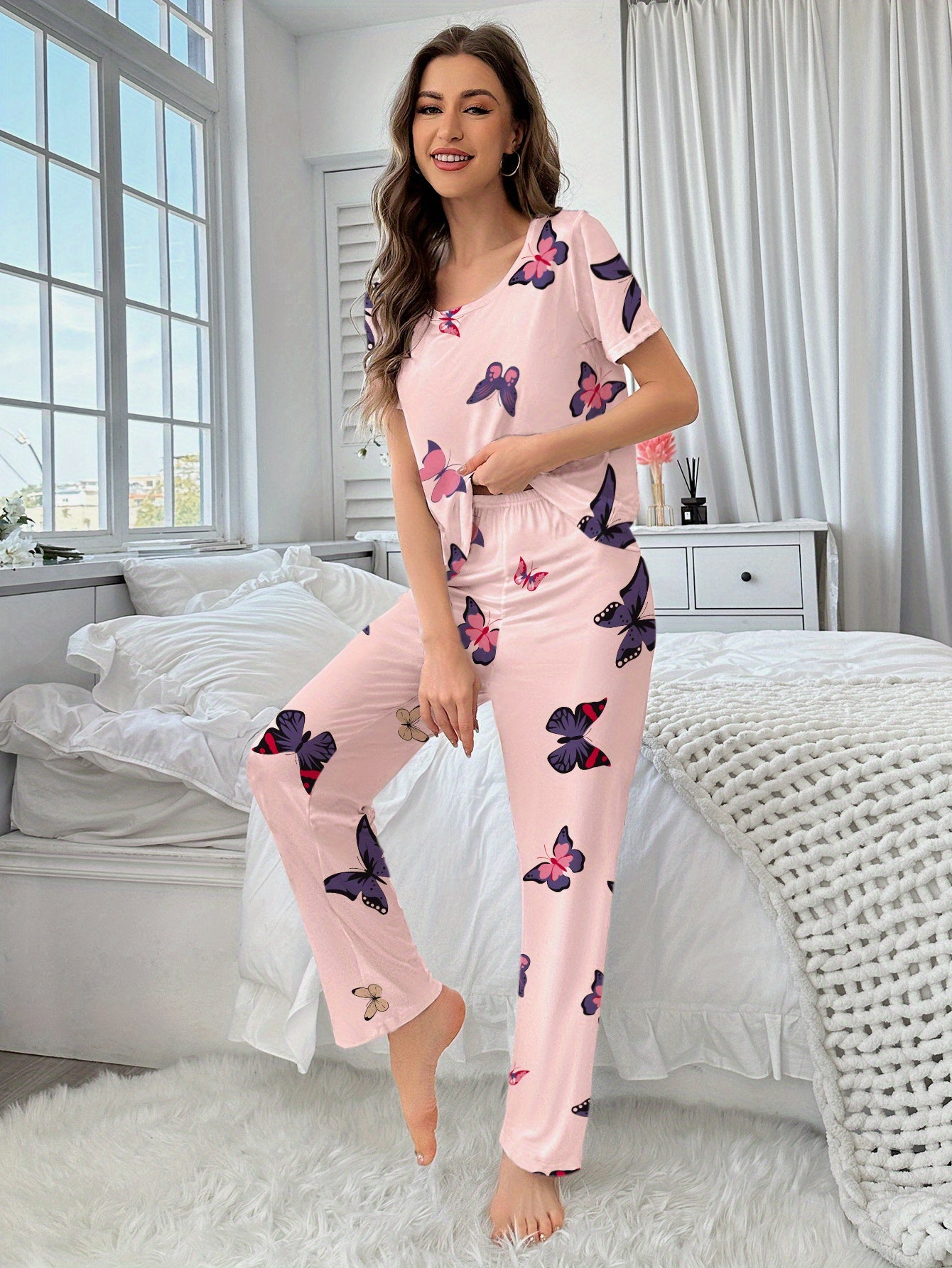 3 Sets of 6pcs, Women'S Casual Polyester White, Pink Top And Long Pants Pajama Set, Heart, Butterfly Print, Fabric, Short Sleeve Top with Trousers Comfortable Home Casual Loungewear Sexy Can Be Worn Outside