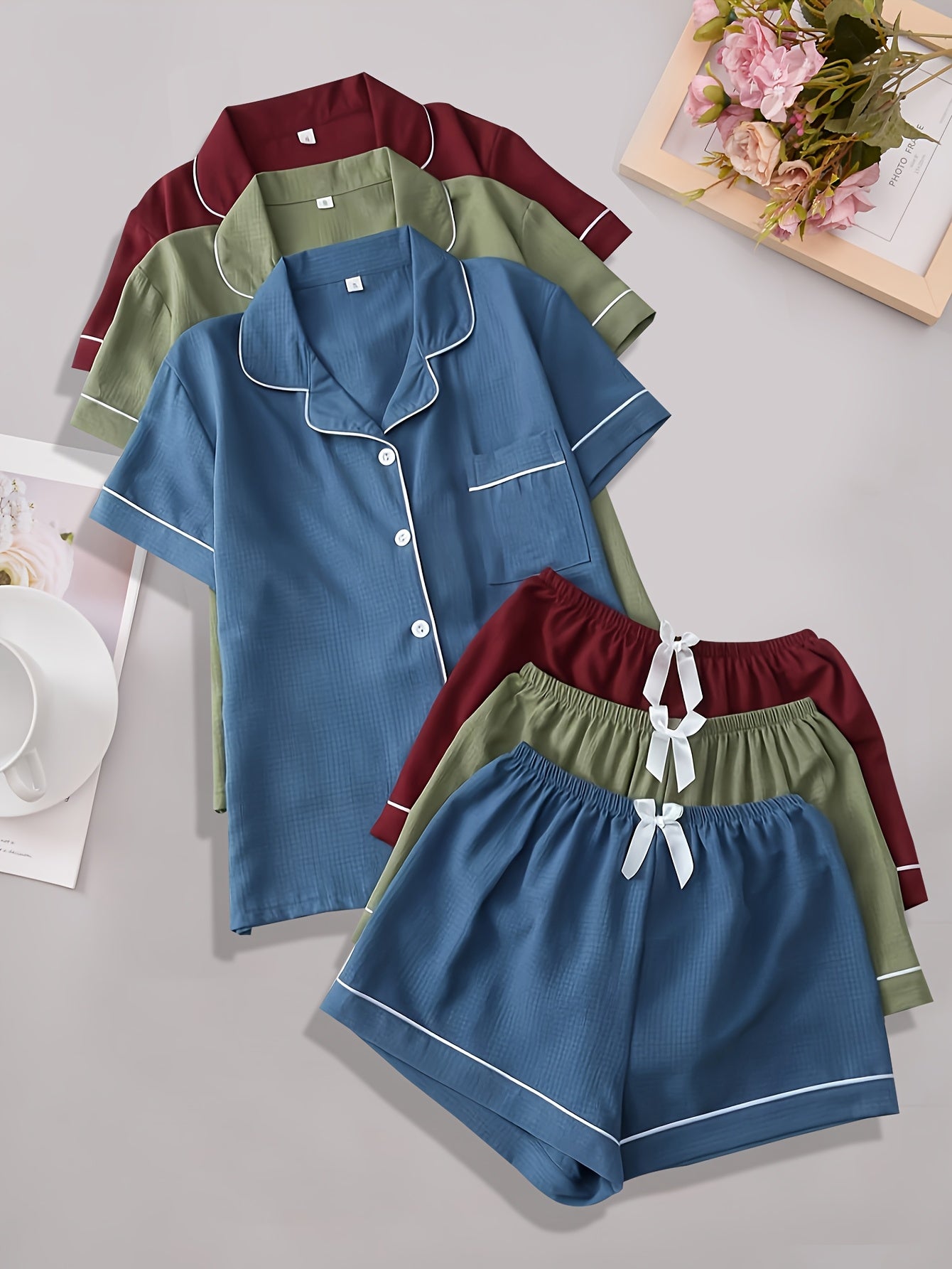 Three-Piece Pajama Set for Women with a Collar, Short Sleeves, And Shorts, Featuring a Heart Bow Design for Casual Home Wear.