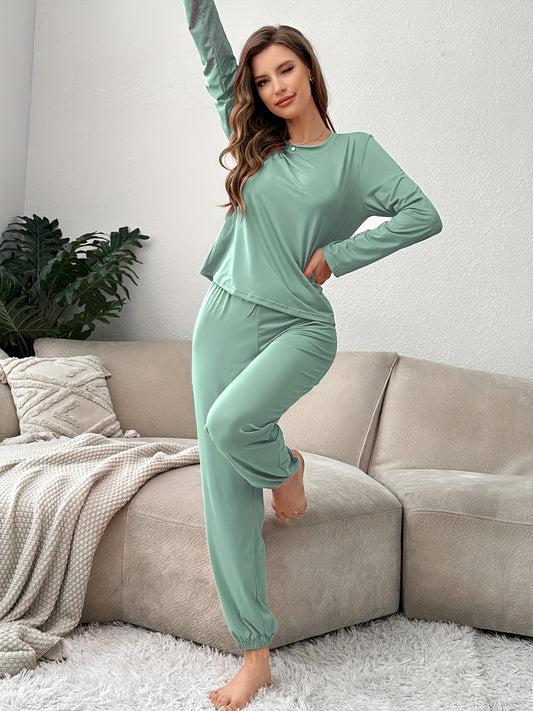 3 Sets of Women'S Pajama Sets, Round Neck Long-Sleeved Top+ Solid Color Trousers, Solid Color Fabric, Comfortable Home Casual Loungewear Can Be Worn Outside, Pajamas, Cozy Home Attire, Relaxed Fit, Soft Texture, Lounge Wear, Adults, Winter Pajamas, Casual