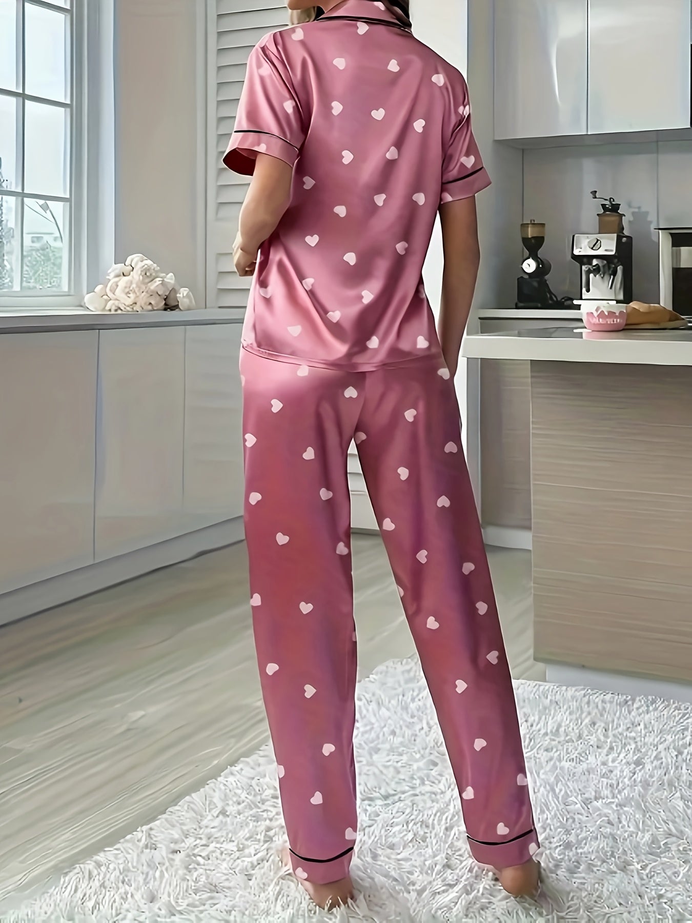Women's Heart Print Pajama Set Short Sleeve Button-Up Pajamas with Pants
