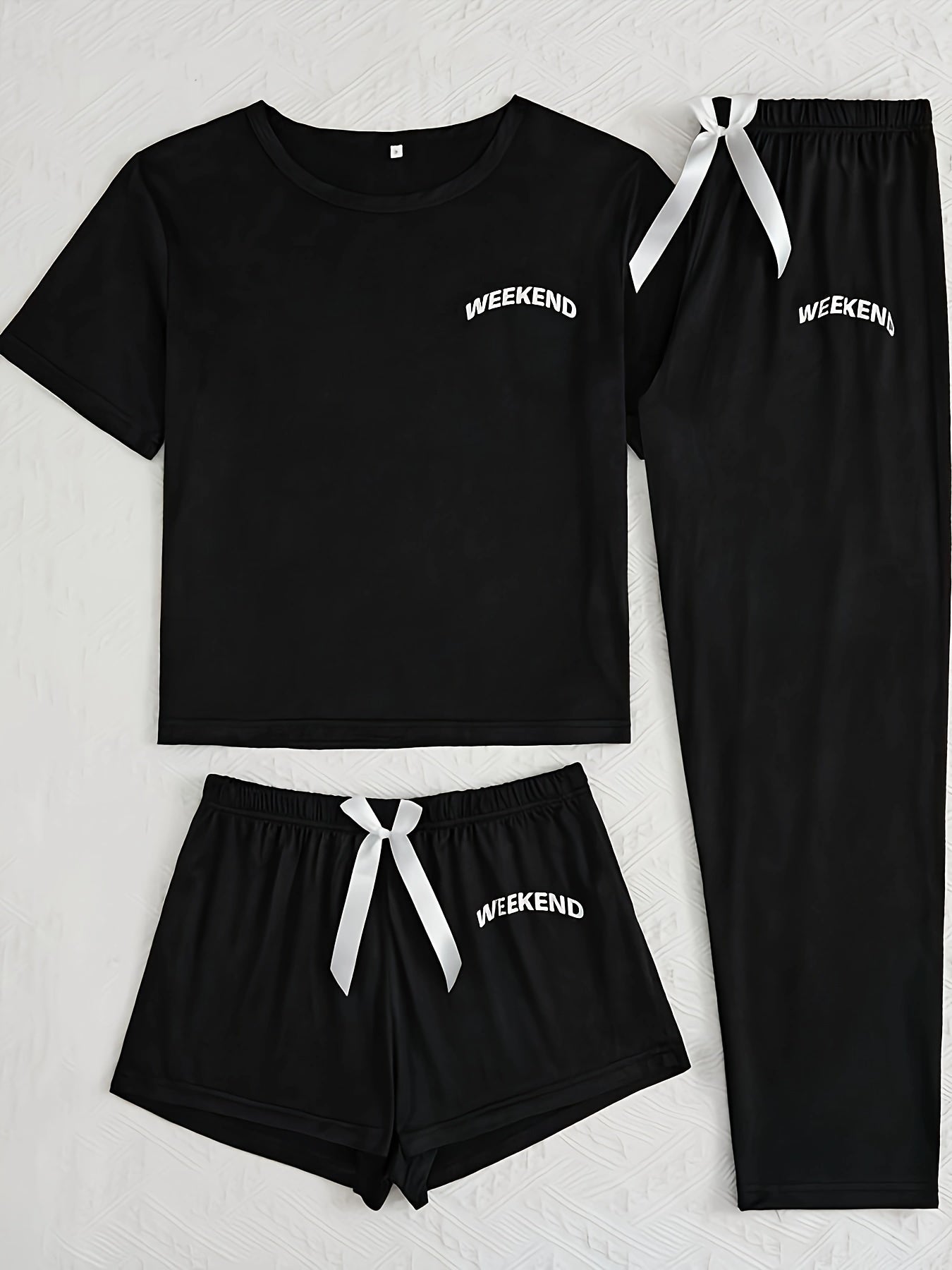 3-Piece Pajama Set - Simple yet Chic Design, Short Sleeve, Ultra-Soft and Cozy Fabric for Relaxation, Perfect for Casual Lounging - Fun WEEKEND Graphic Print, Ideal Sleepwear for a Restful Nights Sleep