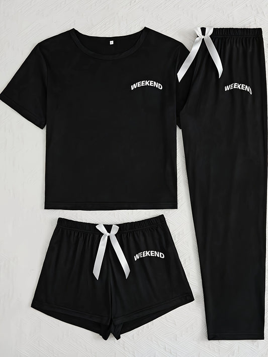 3-Piece Pajama Set - Simple yet Chic Design, Short Sleeve, Ultra-Soft and Cozy Fabric for Relaxation, Perfect for Casual Lounging - Fun WEEKEND Graphic Print, Ideal Sleepwear for a Restful Nights Sleep