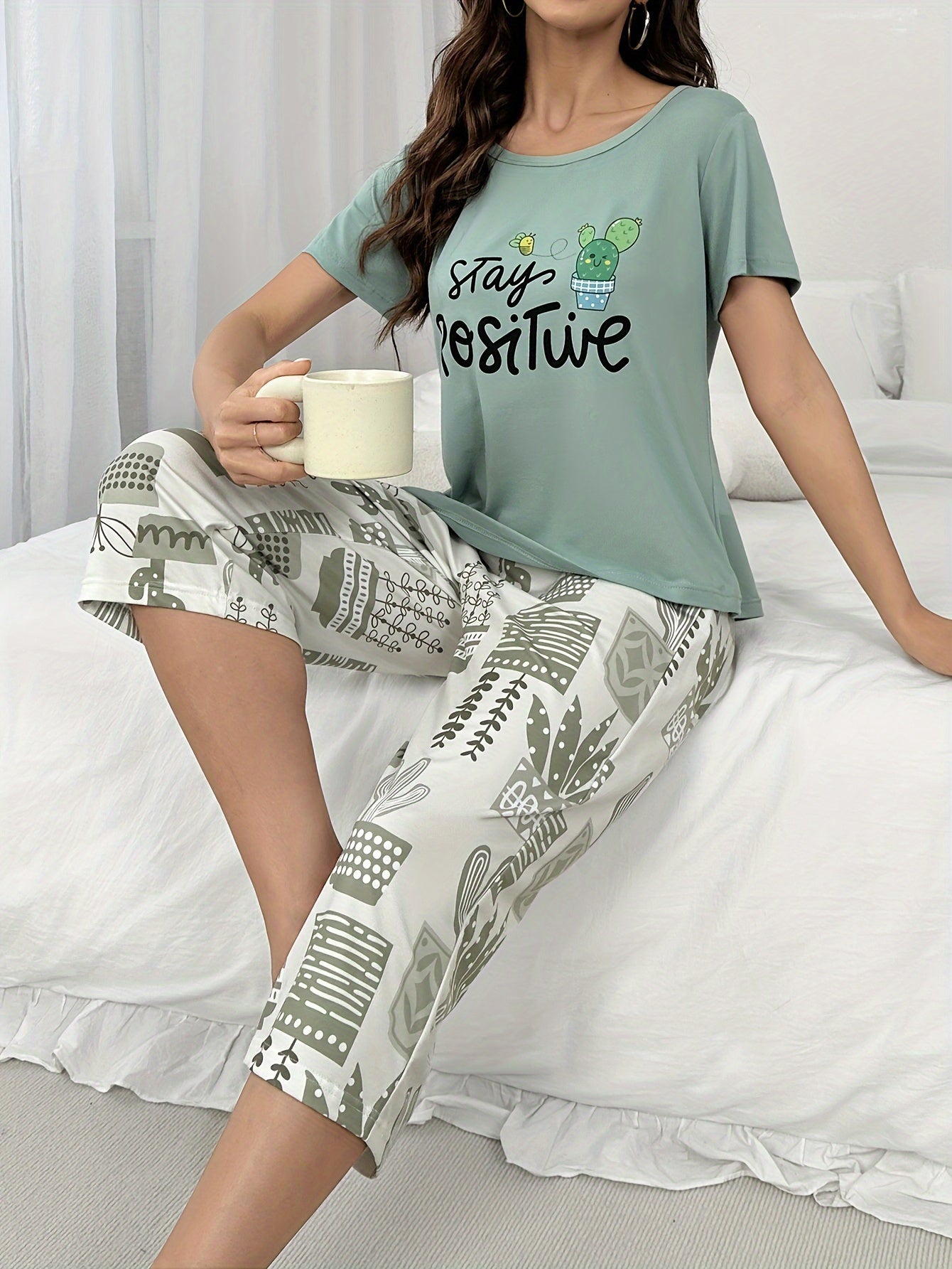 [Comfort Soft Tee & Capri Set] Casual Comfort Soft Short Sleeve Tee & Capri Pants Set - Loungewear with Slogan & Cactus Print - Outdoor Wearable