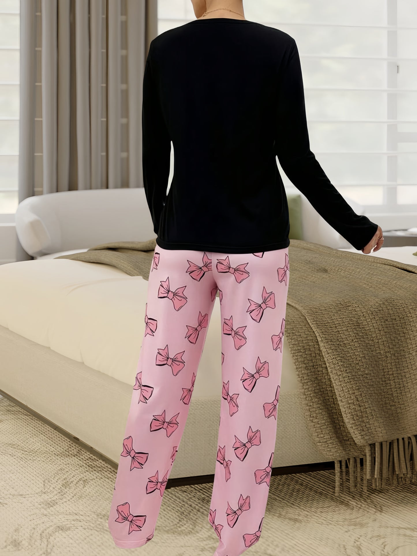 Women'S Bow Printed Pajama Set, Round Neck Long Sleeve Top And Elastic Pants Casual Two Piece Set, Stretch Polyester Blend, Machine Washable