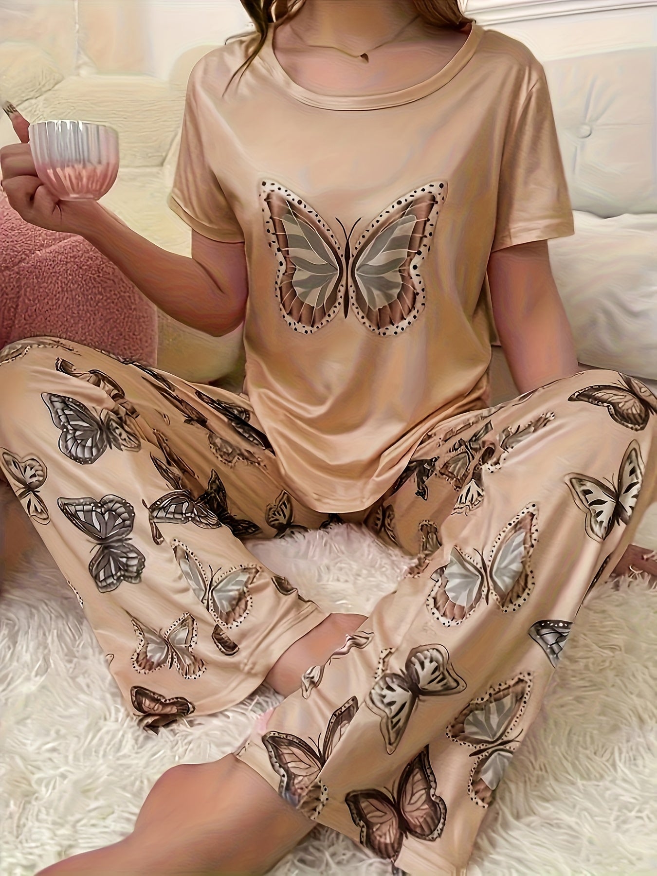 2pcs Women'S Pajama Set With Butterfly Pattern Top And Pants
