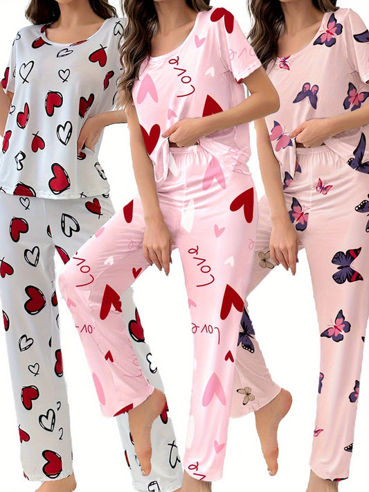 3 Sets of 6pcs, Women'S Casual Polyester White, Pink Top And Long Pants Pajama Set, Heart, Butterfly Print, Fabric, Short Sleeve Top with Trousers Comfortable Home Casual Loungewear Sexy Can Be Worn Outside