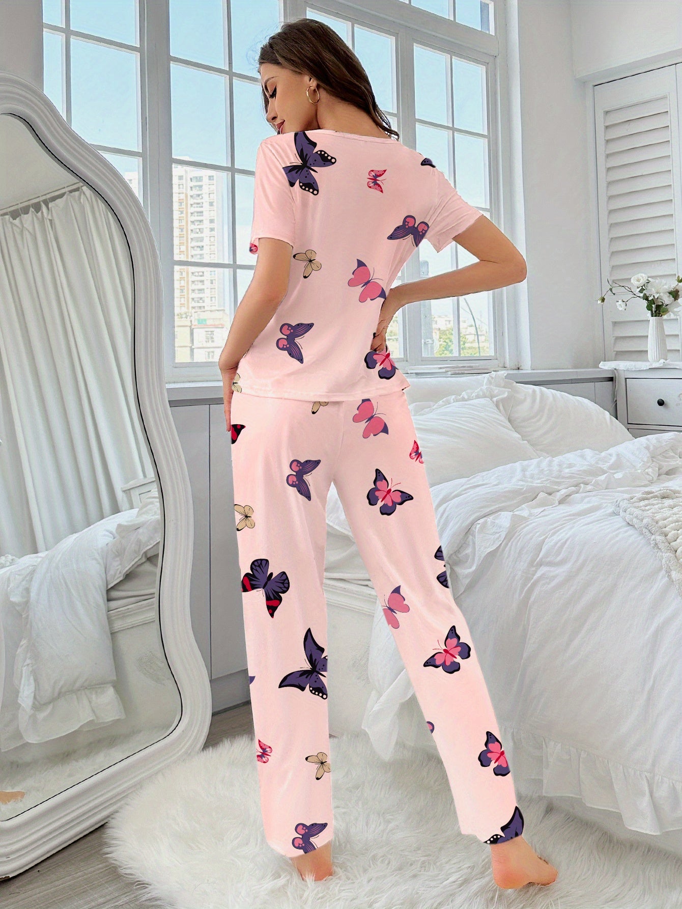 3 Sets of 6pcs, Women'S Casual Polyester White, Pink Top And Long Pants Pajama Set, Heart, Butterfly Print, Fabric, Short Sleeve Top with Trousers Comfortable Home Casual Loungewear Sexy Can Be Worn Outside