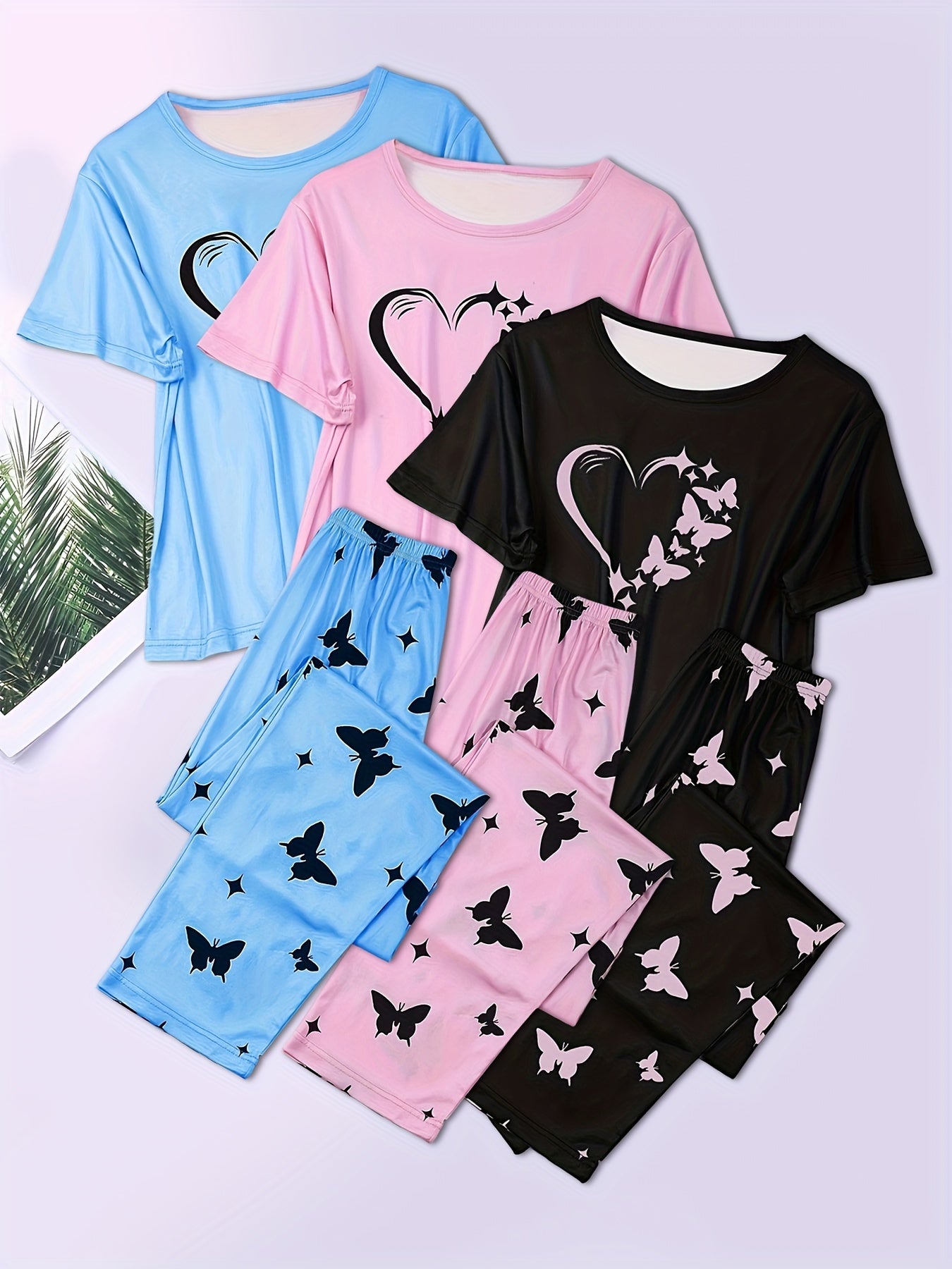 Three-Piece Set Short Sleeve Shorts Pajamas - Soft, Comfortable Home Clothes Set with Love Butterfly Design