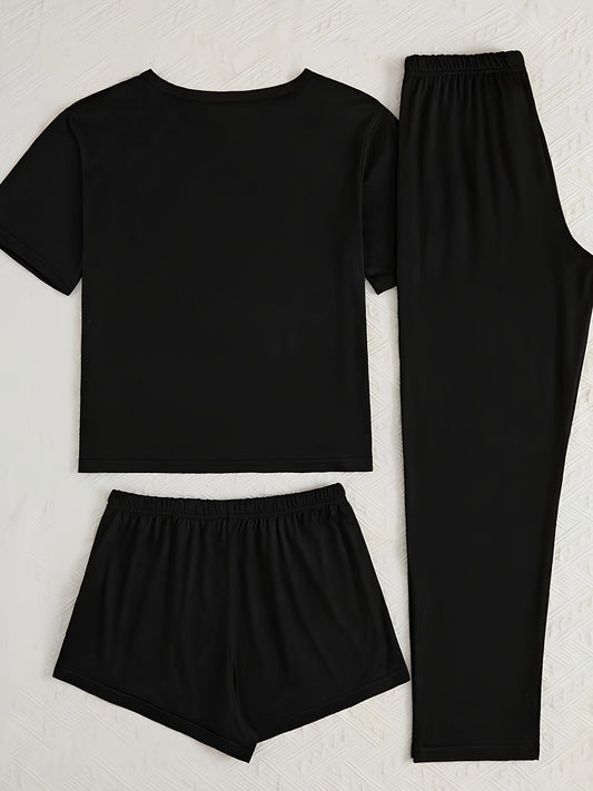 3-Piece Pajama Set - Simple yet Chic Design, Short Sleeve, Ultra-Soft and Cozy Fabric for Relaxation, Perfect for Casual Lounging - Fun WEEKEND Graphic Print, Ideal Sleepwear for a Restful Nights Sleep