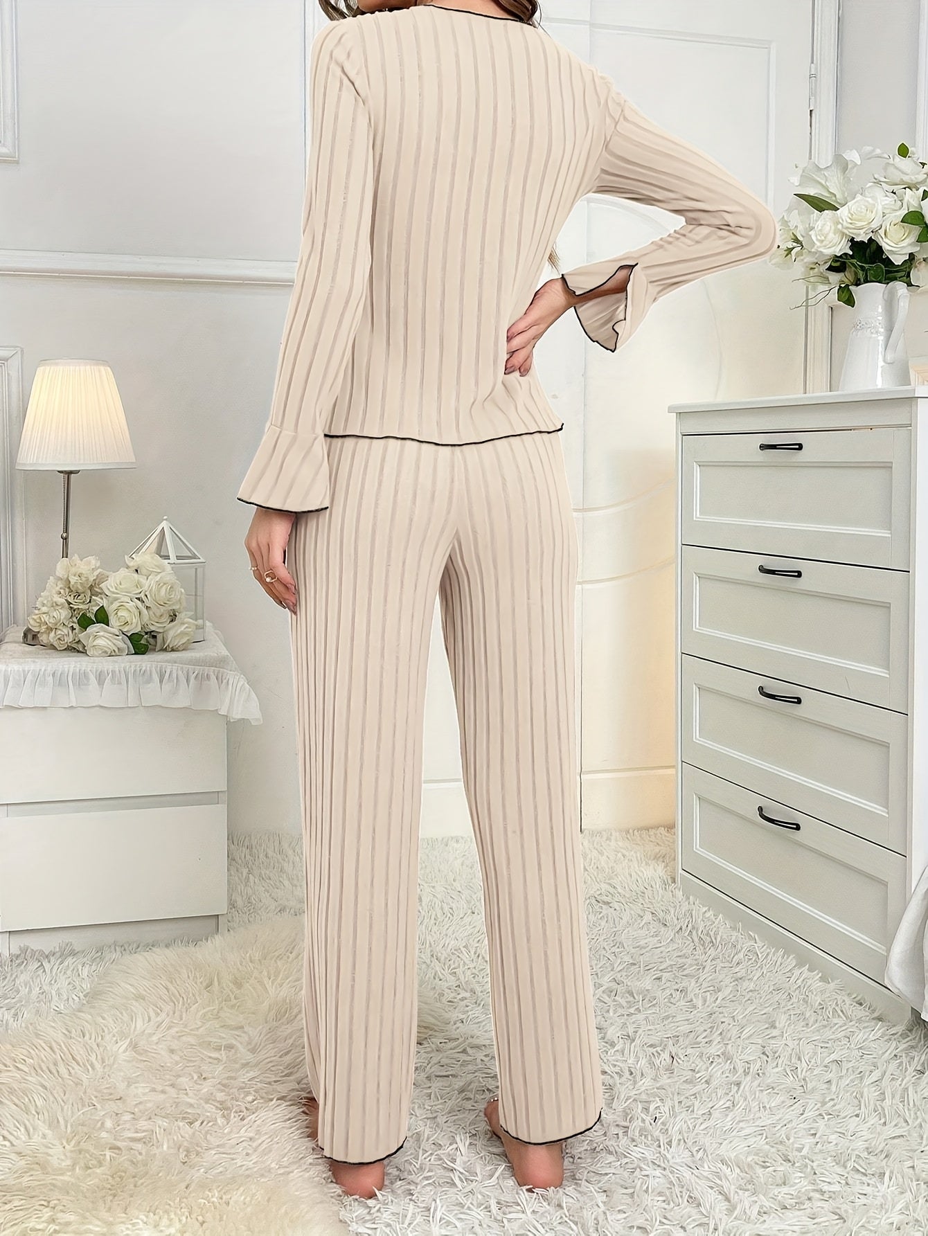 2 SETS Chic Solid Color Ribbed Lounge Set With Bow Detail - V-Neck Long Sleeve Top & Pants, Machine Washable - Women'S Fashion, Plus Size Clothing Set - For Cozy Loungewear & Relaxation