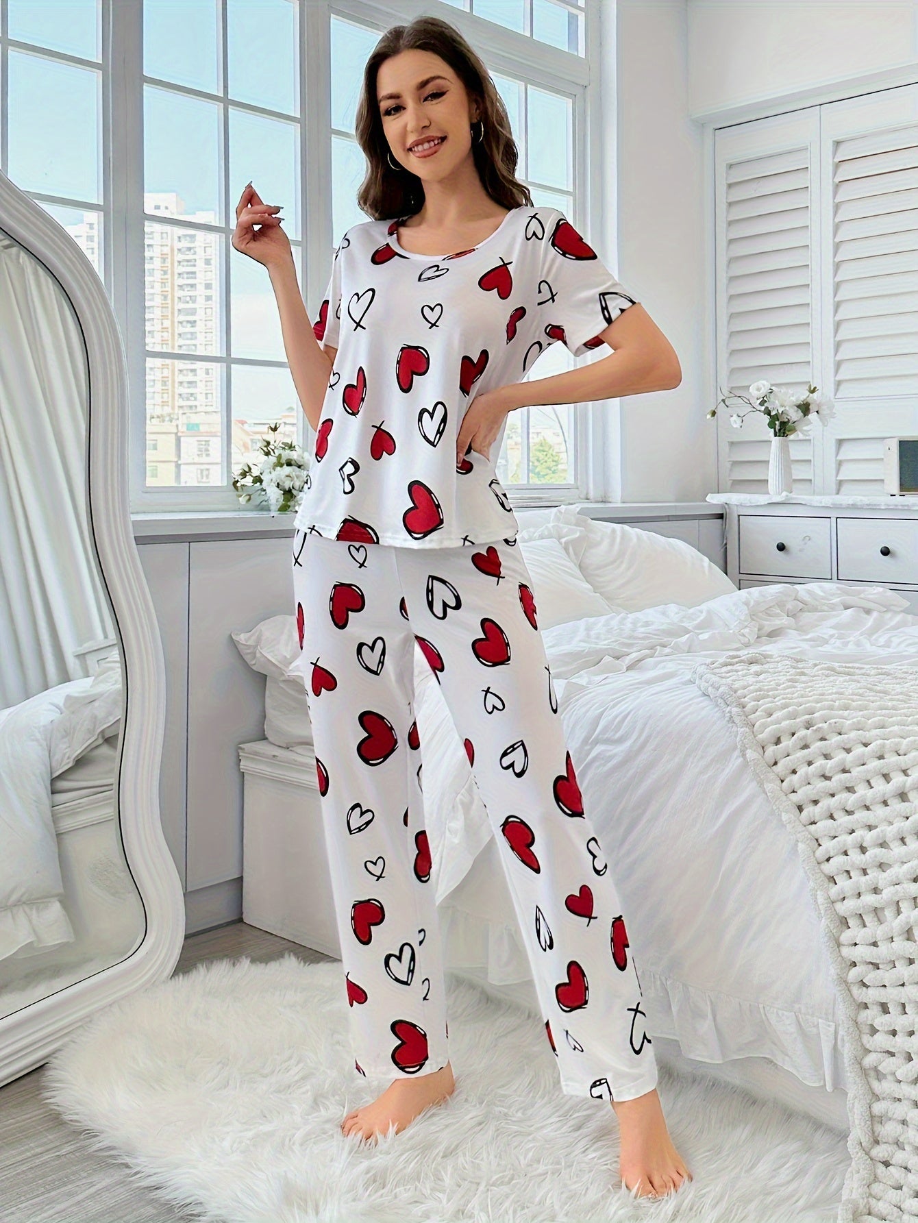 3 Sets of 6pcs, Women'S Casual Polyester White, Pink Top And Long Pants Pajama Set, Heart, Butterfly Print, Fabric, Short Sleeve Top with Trousers Comfortable Home Casual Loungewear Sexy Can Be Worn Outside
