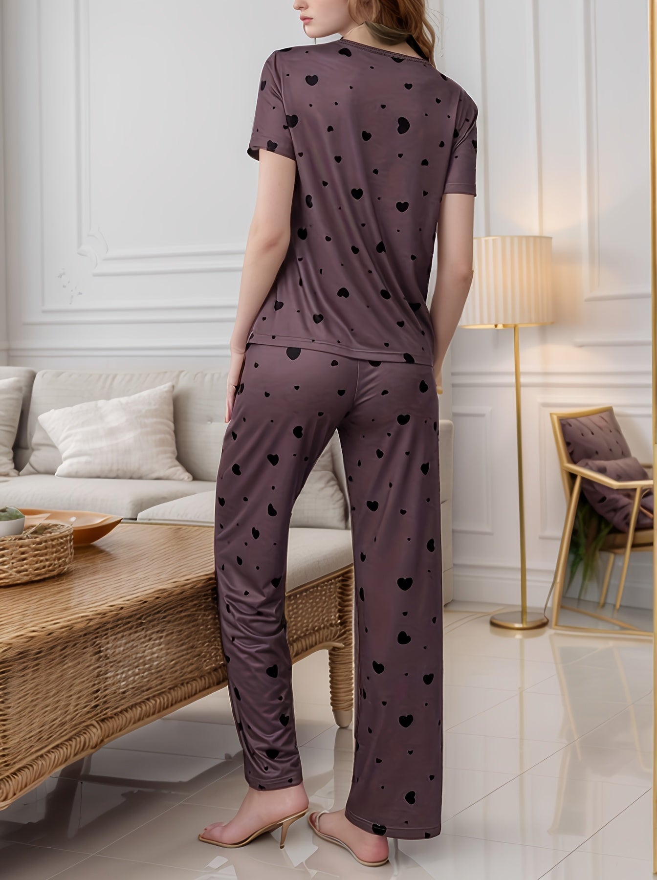 [Cozy Heart Pajama] Soft Women's Cozy Heart Print Pajama Set - Purple Short Sleeve Lounge Wear | Ruffled Hem, Casual Bow Detail, Relaxed Fit | Smooth Texture Fabric