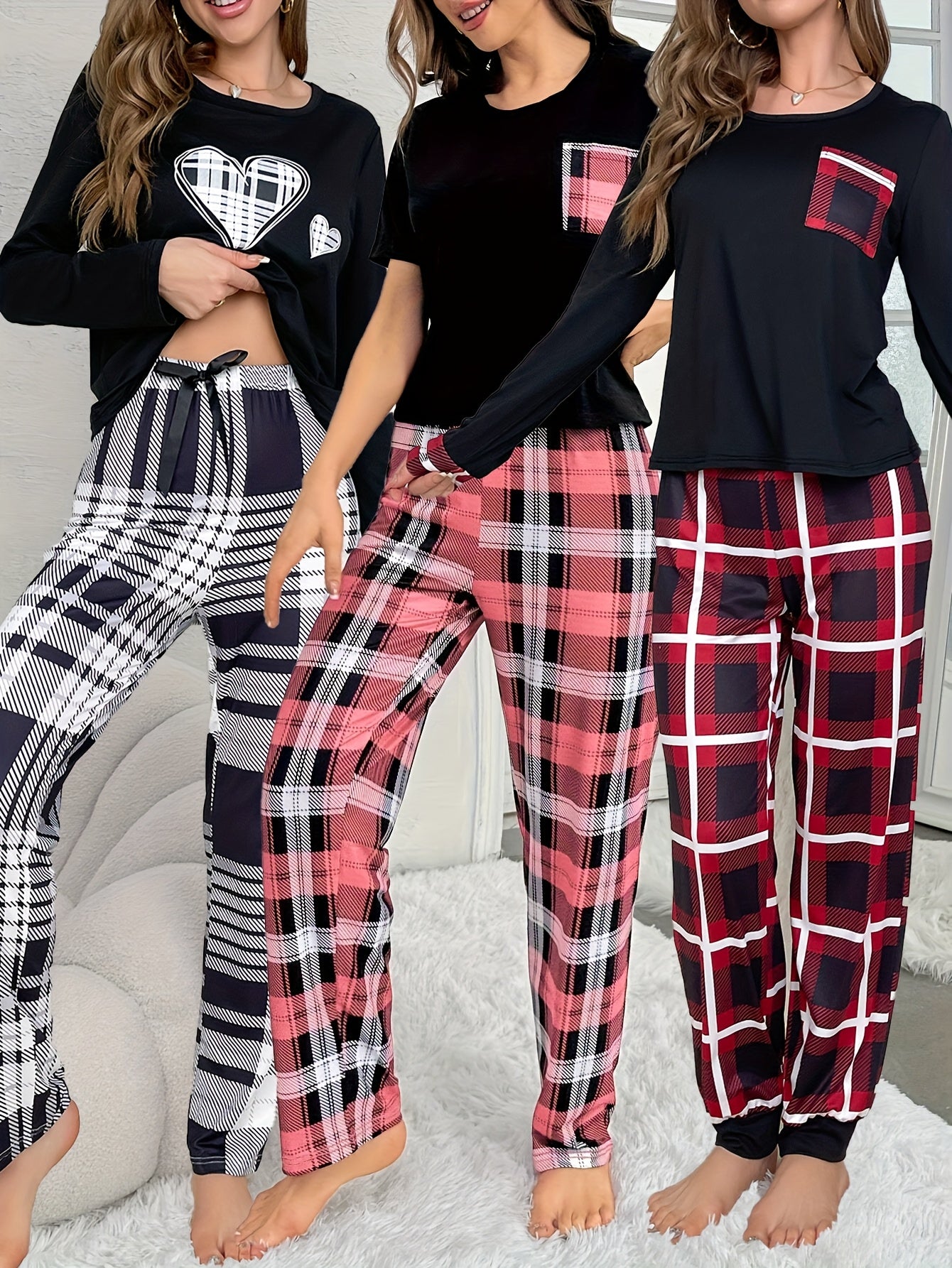 Women'S New Six-Piece Set Casual Home Wear Heart Print Pockets Long Sleeve Short Sleeve Top Plaid Pants Pajama Set
