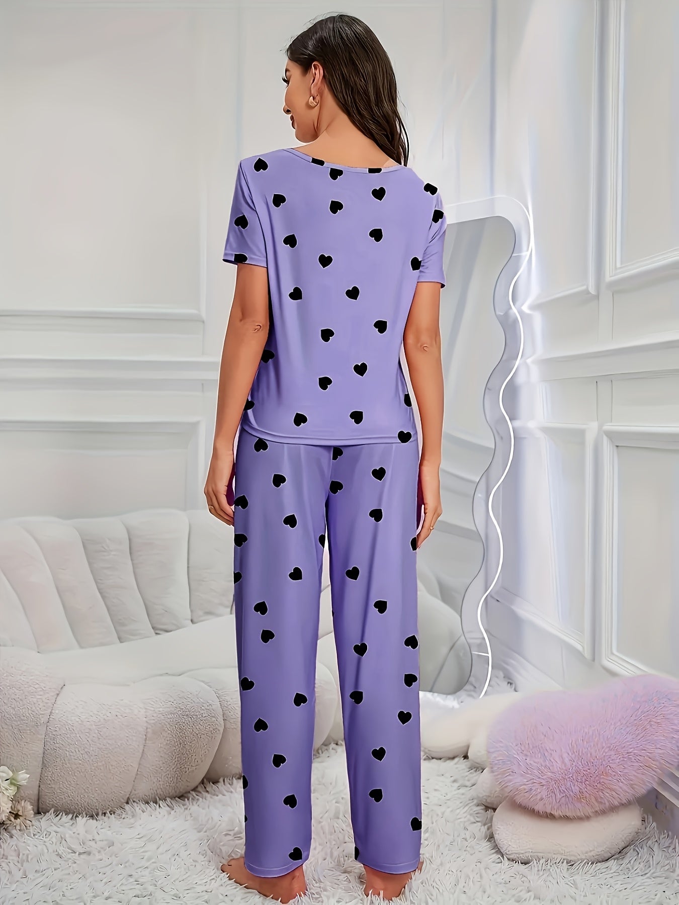 6pieces Sets Women'S Heart Print Pajamas Set, Casual Comfortable Short Sleeve T-Shirt & Elastic Waist Trousers Pj Set, Ladies Sleepwear For All Seasons