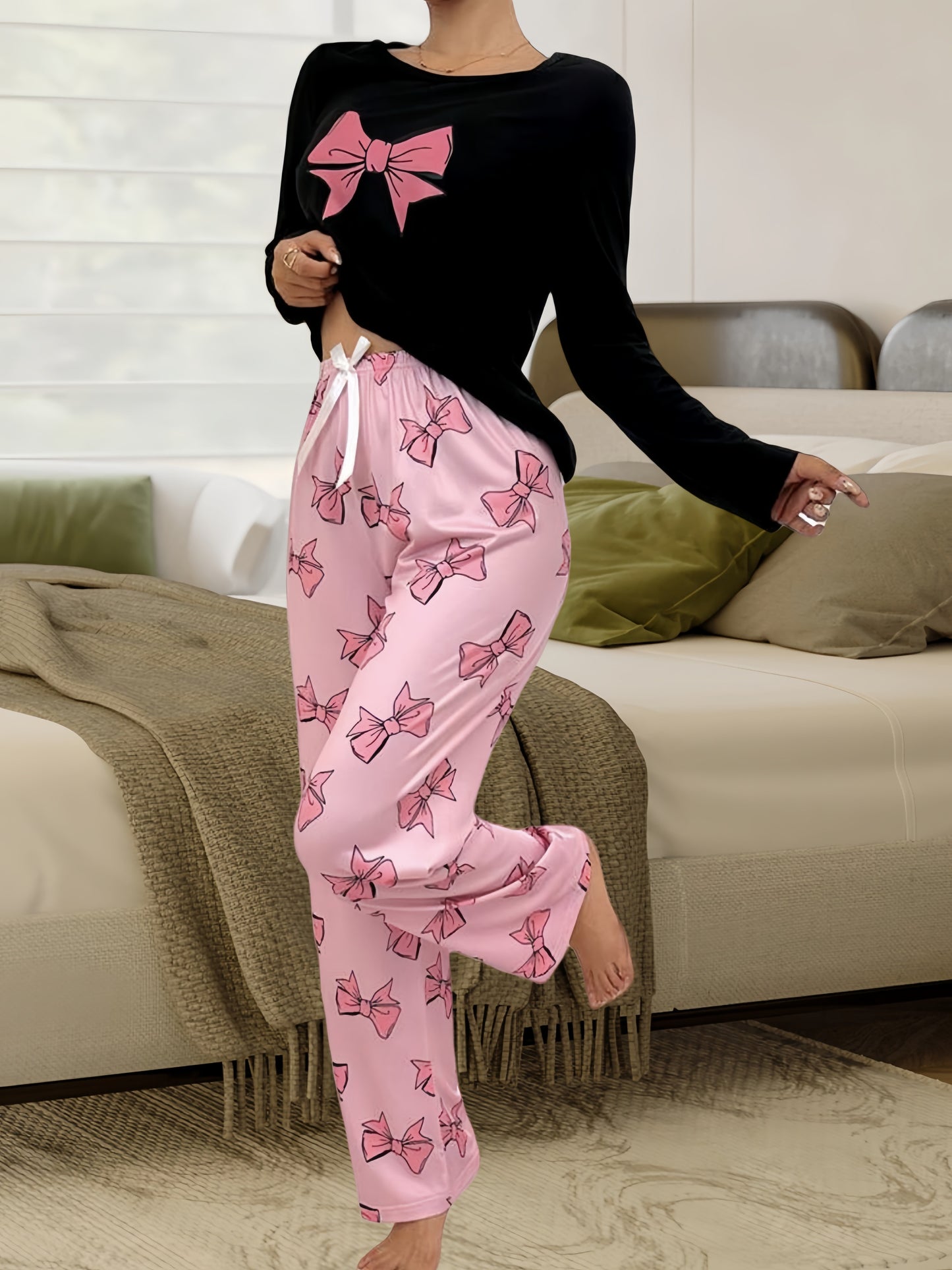 Women'S Bow Printed Pajama Set, Round Neck Long Sleeve Top And Elastic Pants Casual Two Piece Set, Stretch Polyester Blend, Machine Washable