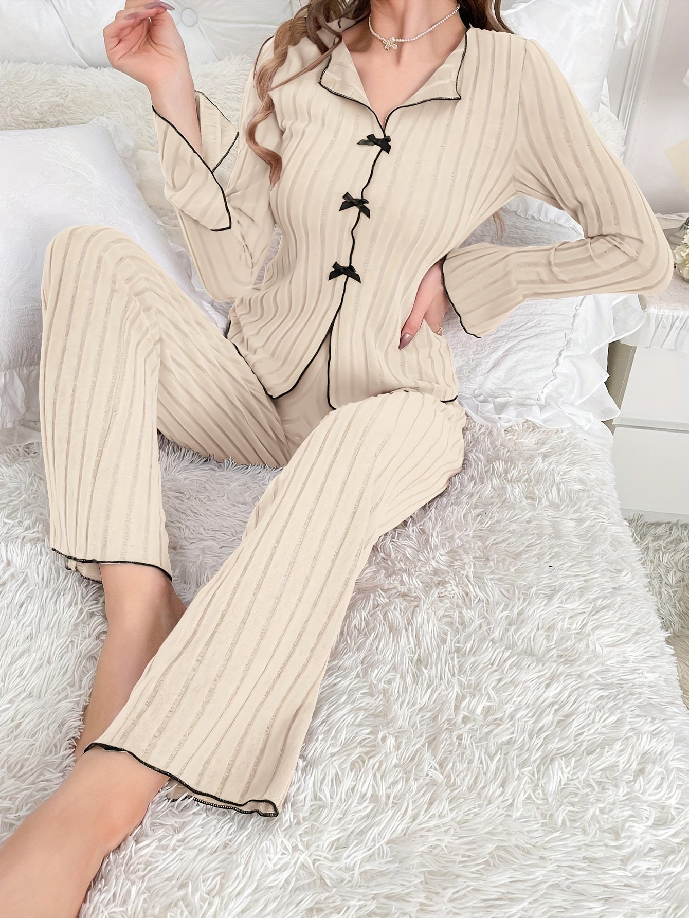 2 SETS Chic Solid Color Ribbed Lounge Set With Bow Detail - V-Neck Long Sleeve Top & Pants, Machine Washable - Women'S Fashion, Plus Size Clothing Set - For Cozy Loungewear & Relaxation