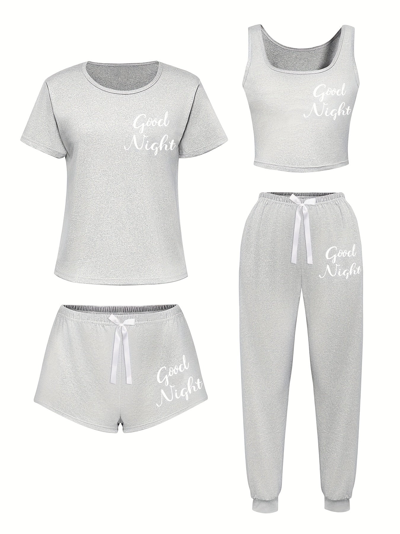 [Soft Sleepwear] 4pcs Soft & Casual Women's Sleepwear Set - Short Sleeve T-Shirt, Shorts & Pants with Bow Detail | Perfect for Spring, Summer, Fall & Winter - Soft, Comfortable Loungewear