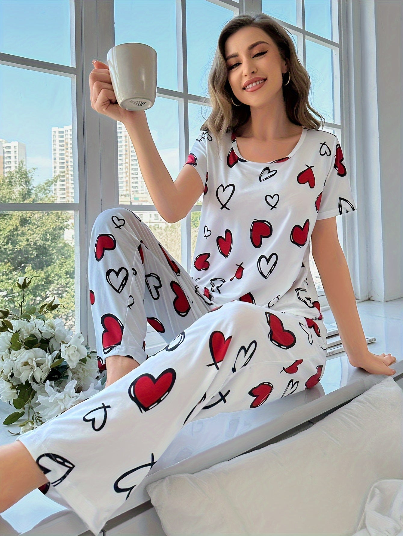 3 Sets of 6pcs, Women'S Casual Polyester White, Pink Top And Long Pants Pajama Set, Heart, Butterfly Print, Fabric, Short Sleeve Top with Trousers Comfortable Home Casual Loungewear Sexy Can Be Worn Outside
