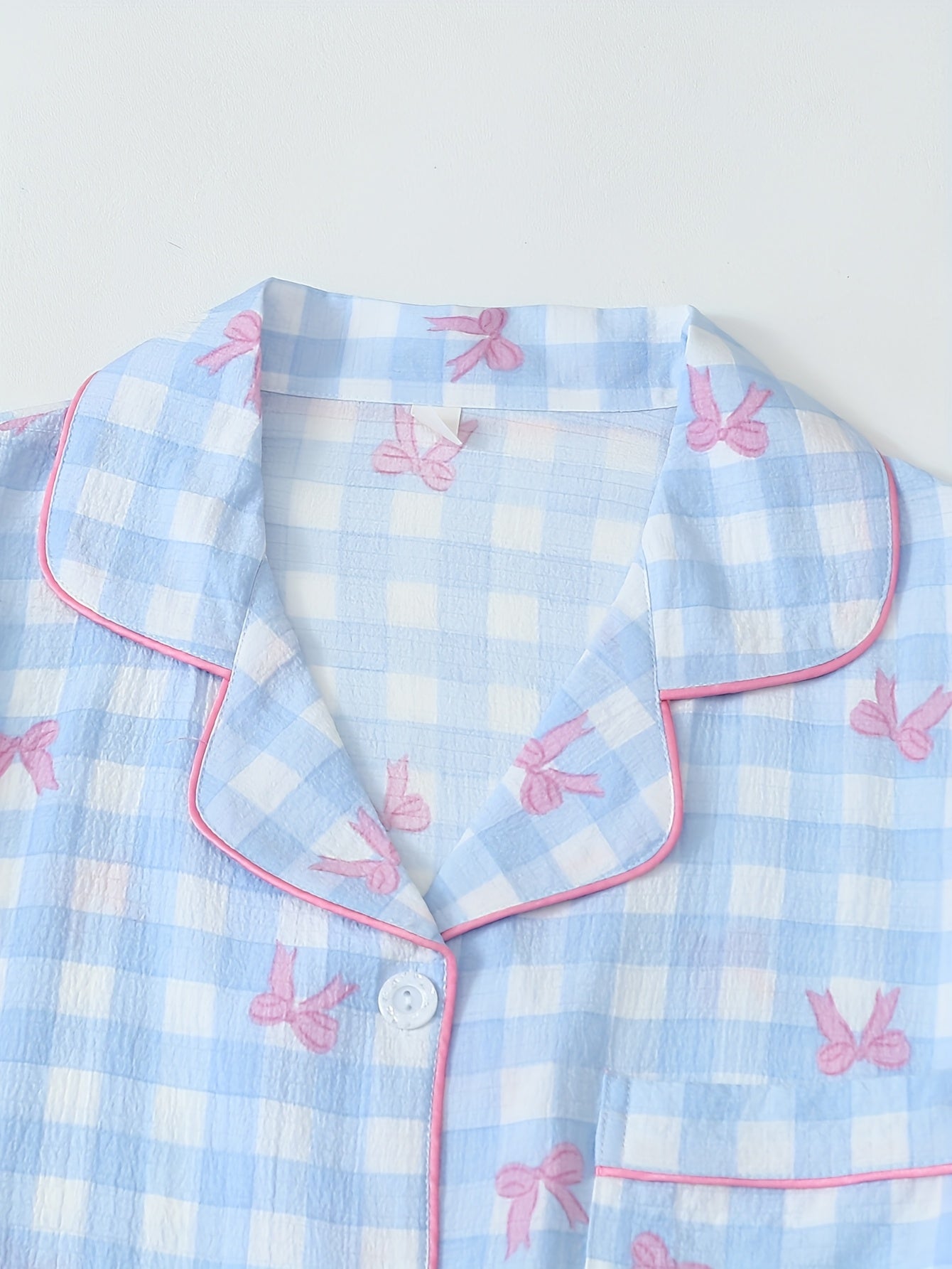 [2-Piece Plaid Pajama Set] Women's Two-Piece Pajama Set | Short-Sleeve Button-Up Shirt & Long Pants | Plaid Bow Print | Spring, Summer, Autumn Casual Home Wear