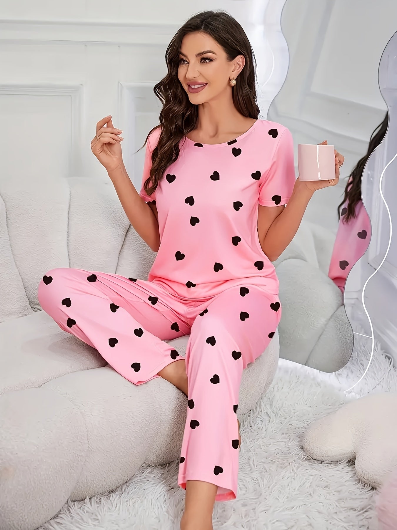 6pieces Sets Women'S Heart Print Pajamas Set, Casual Comfortable Short Sleeve T-Shirt & Elastic Waist Trousers Pj Set, Ladies Sleepwear For All Seasons