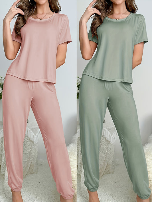 Ladies' New Style Four-piece Home Wear, Solid-color Simple Short-sleeved Top And Long Pants Set, Casual And Comfortable Pajamas