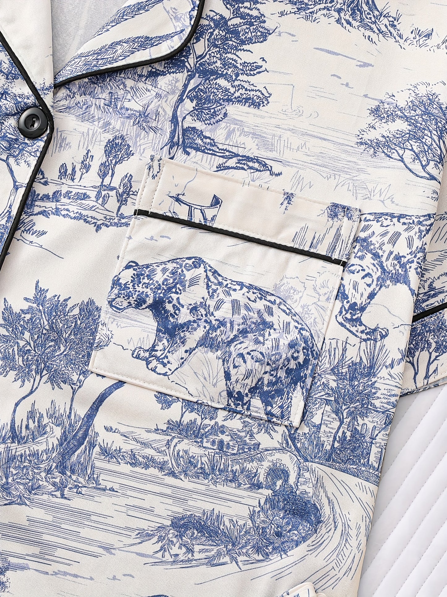 Elegant Women's Sleepwear Set In Two Pieces, Featuring Full Body Printed Patterns, Knitted Fabric, Long Sleeved Button Up Top, Paired with Long Pants for Comfortable Wearing, Collar And Pocket Details, Suitable for Women's Adult Sleepwear Set