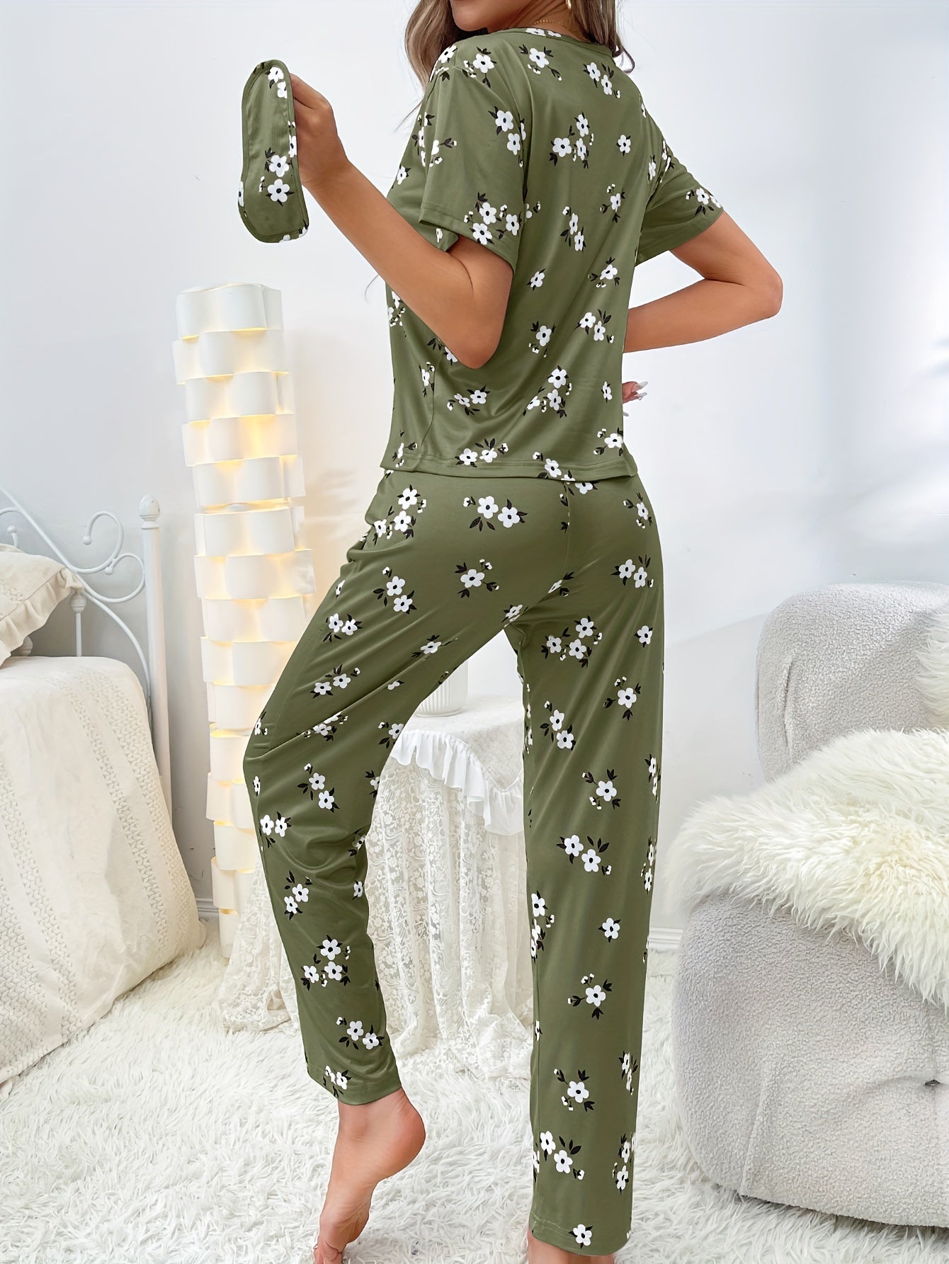 Floral Print Loose Pajamas, Short Sleeve Tee Top And Pants Pj Set, Women's Sleepwear & Loungewear