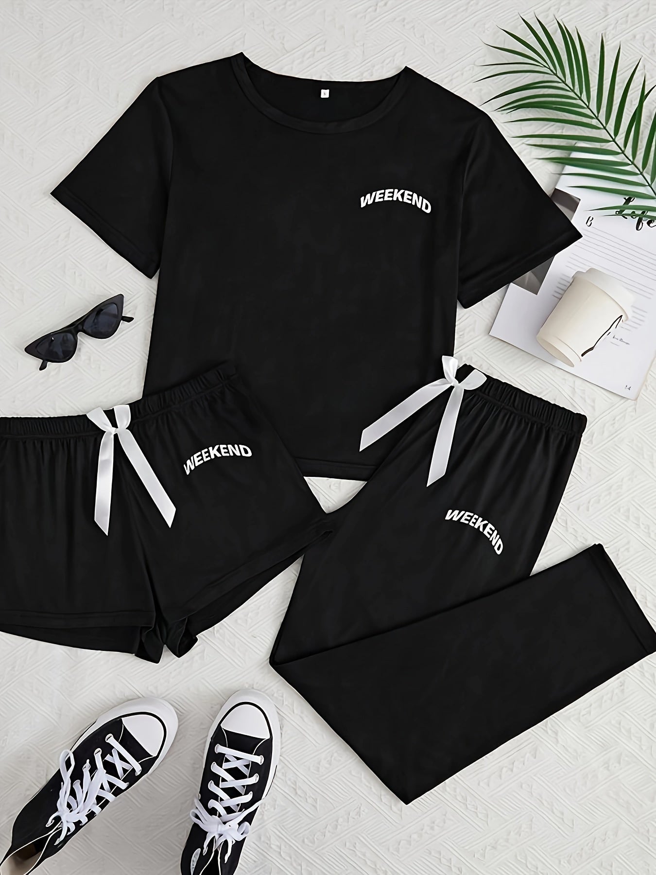 3-Piece Pajama Set - Simple yet Chic Design, Short Sleeve, Ultra-Soft and Cozy Fabric for Relaxation, Perfect for Casual Lounging - Fun WEEKEND Graphic Print, Ideal Sleepwear for a Restful Nights Sleep