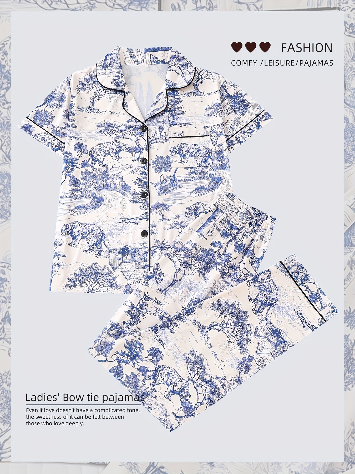 Elegant Women's Sleepwear Set In Two Pieces, Featuring Full Body Printed Patterns, Knitted Fabric, Long Sleeved Button Up Top, Paired with Long Pants for Comfortable Wearing, Collar And Pocket Details, Suitable for Women's Adult Sleepwear Set