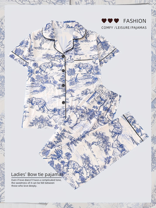 Elegant Women's Sleepwear Set In Two Pieces, Featuring Full Body Printed Patterns, Knitted Fabric, Long Sleeved Button Up Top, Paired with Long Pants for Comfortable Wearing, Collar And Pocket Details, Suitable for Women's Adult Sleepwear Set