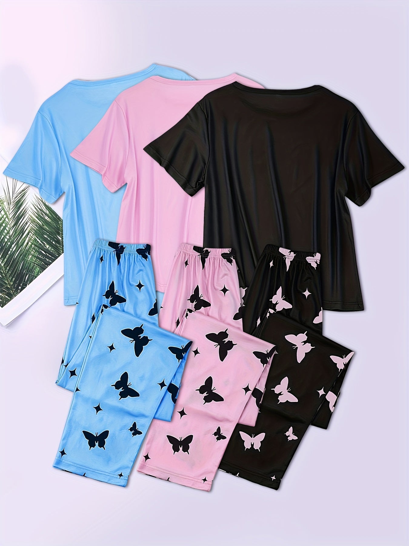 Three-Piece Set Short Sleeve Shorts Pajamas - Soft, Comfortable Home Clothes Set with Love Butterfly Design