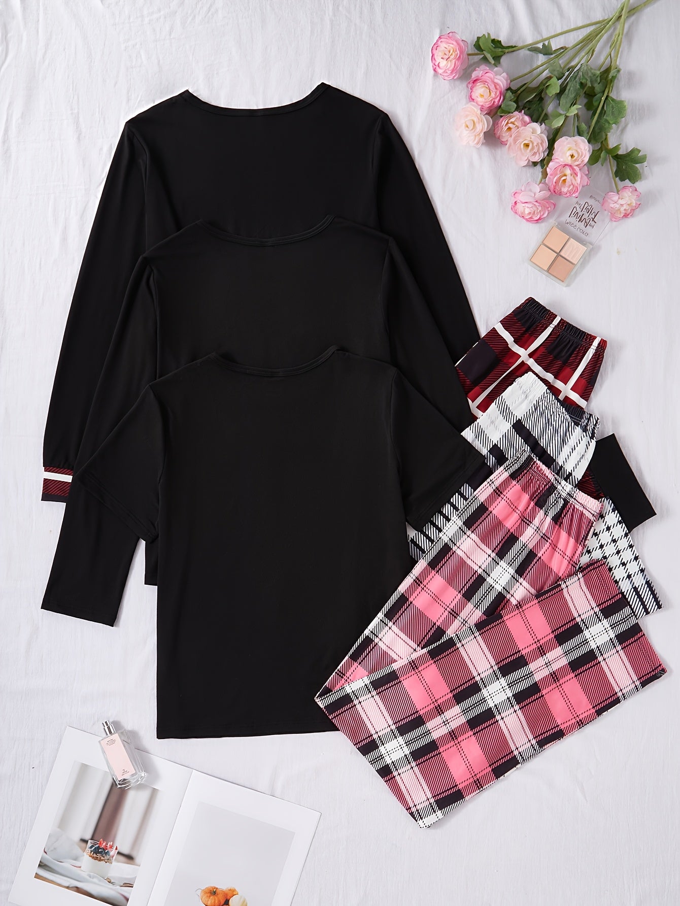 Women'S New Six-Piece Set Casual Home Wear Heart Print Pockets Long Sleeve Short Sleeve Top Plaid Pants Pajama Set