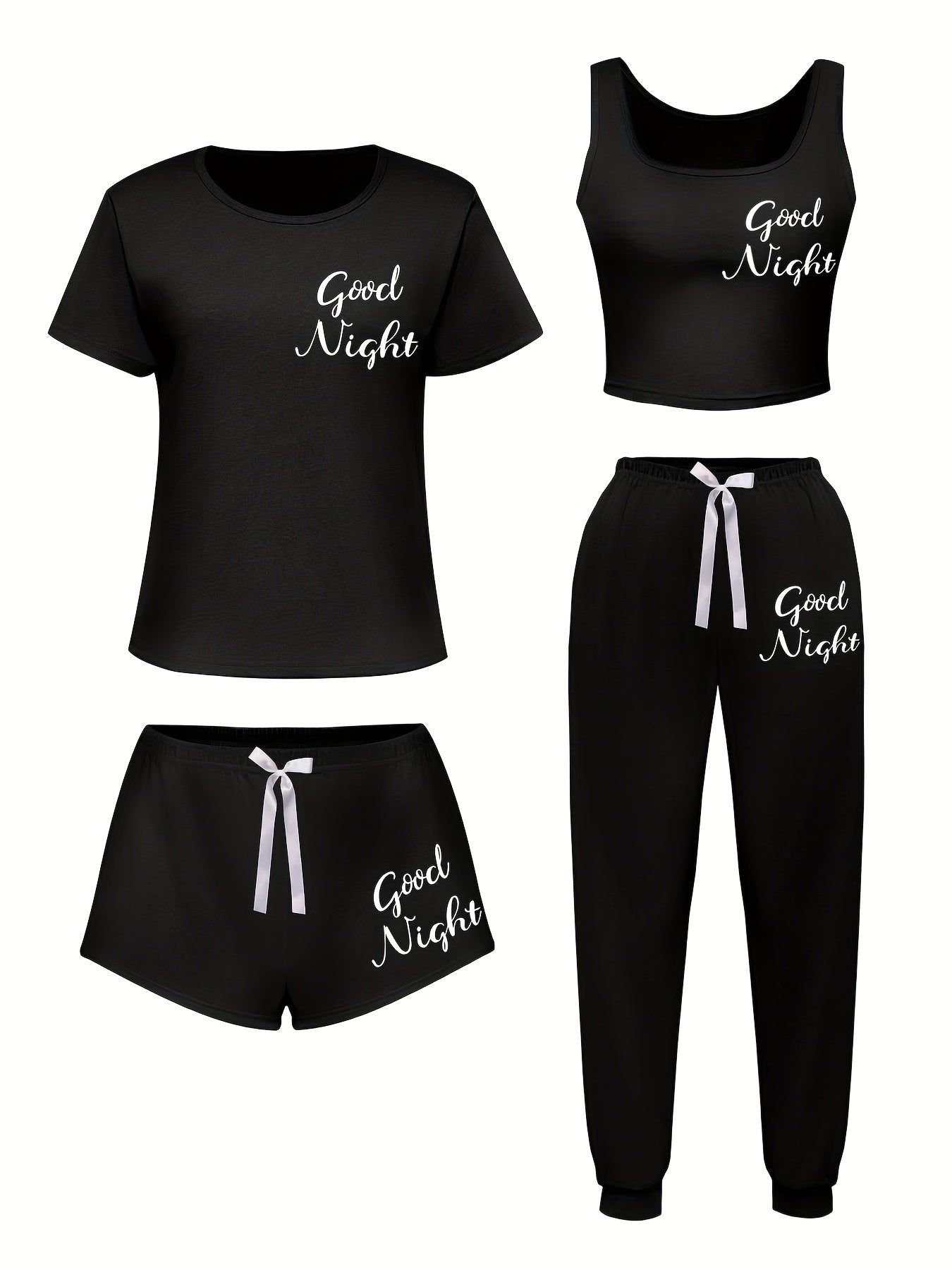 [Soft Sleepwear] 4pcs Soft & Casual Women's Sleepwear Set - Short Sleeve T-Shirt, Shorts & Pants with Bow Detail | Perfect for Spring, Summer, Fall & Winter - Soft, Comfortable Loungewear