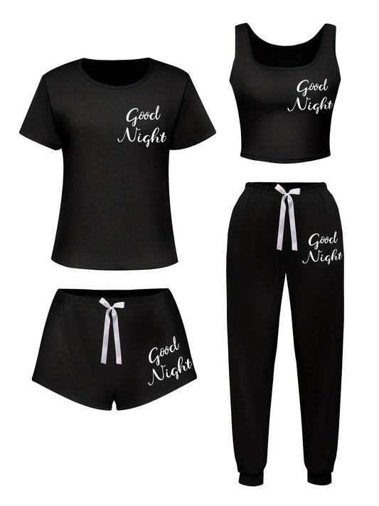 [Soft Sleepwear] 4pcs Soft & Casual Women's Sleepwear Set - Short Sleeve T-Shirt, Shorts & Pants with Bow Detail | Perfect for Spring, Summer, Fall & Winter - Soft, Comfortable Loungewear