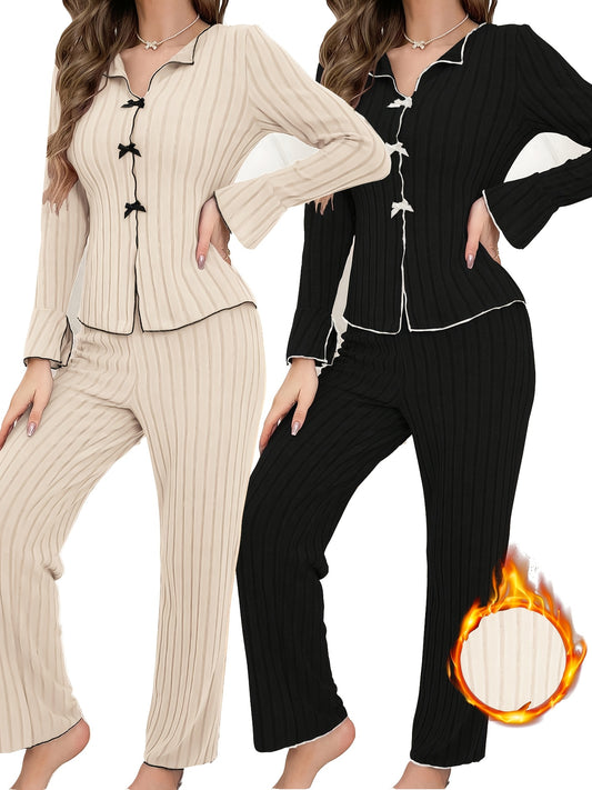 2 SETS Chic Solid Color Ribbed Lounge Set With Bow Detail - V-Neck Long Sleeve Top & Pants, Machine Washable - Women'S Fashion, Plus Size Clothing Set - For Cozy Loungewear & Relaxation