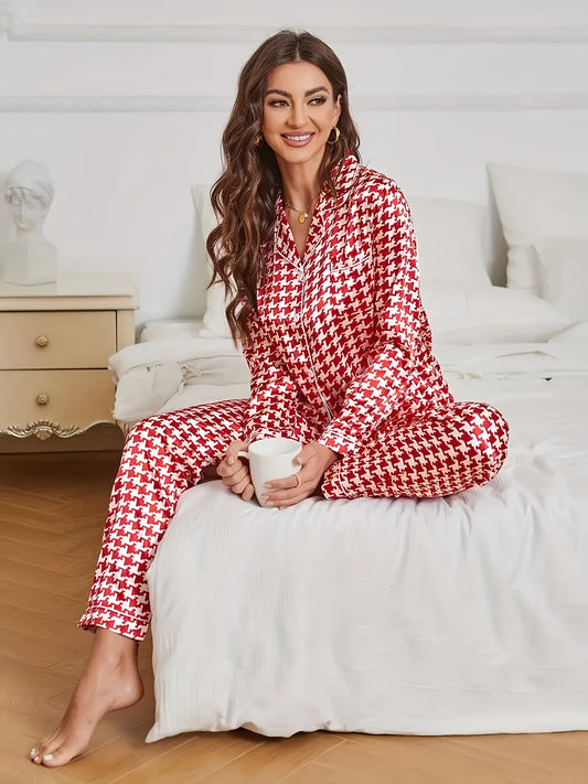 [Plaid Pajama Set] Plaid Pajama Set - Short Sleeved Shirt, Casual Pants, Casual Suit with Plaid Hem