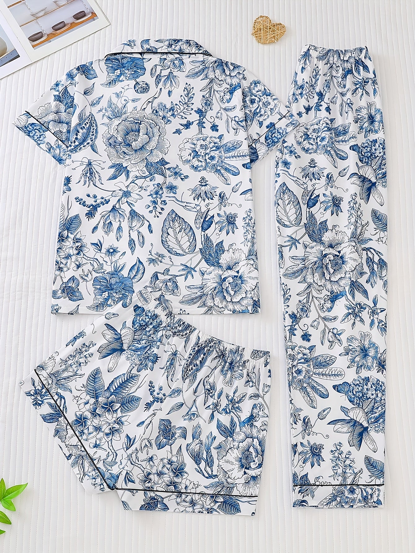 Three Piece Women'S Elegant Polyester Pajama Set, Fabric, Comfortable For All Seasons, Short Sleeved Button Top, Matching Shorts And Pants, With Full Body Printing And Pocket Details, Suitable For Adult Pajama Set