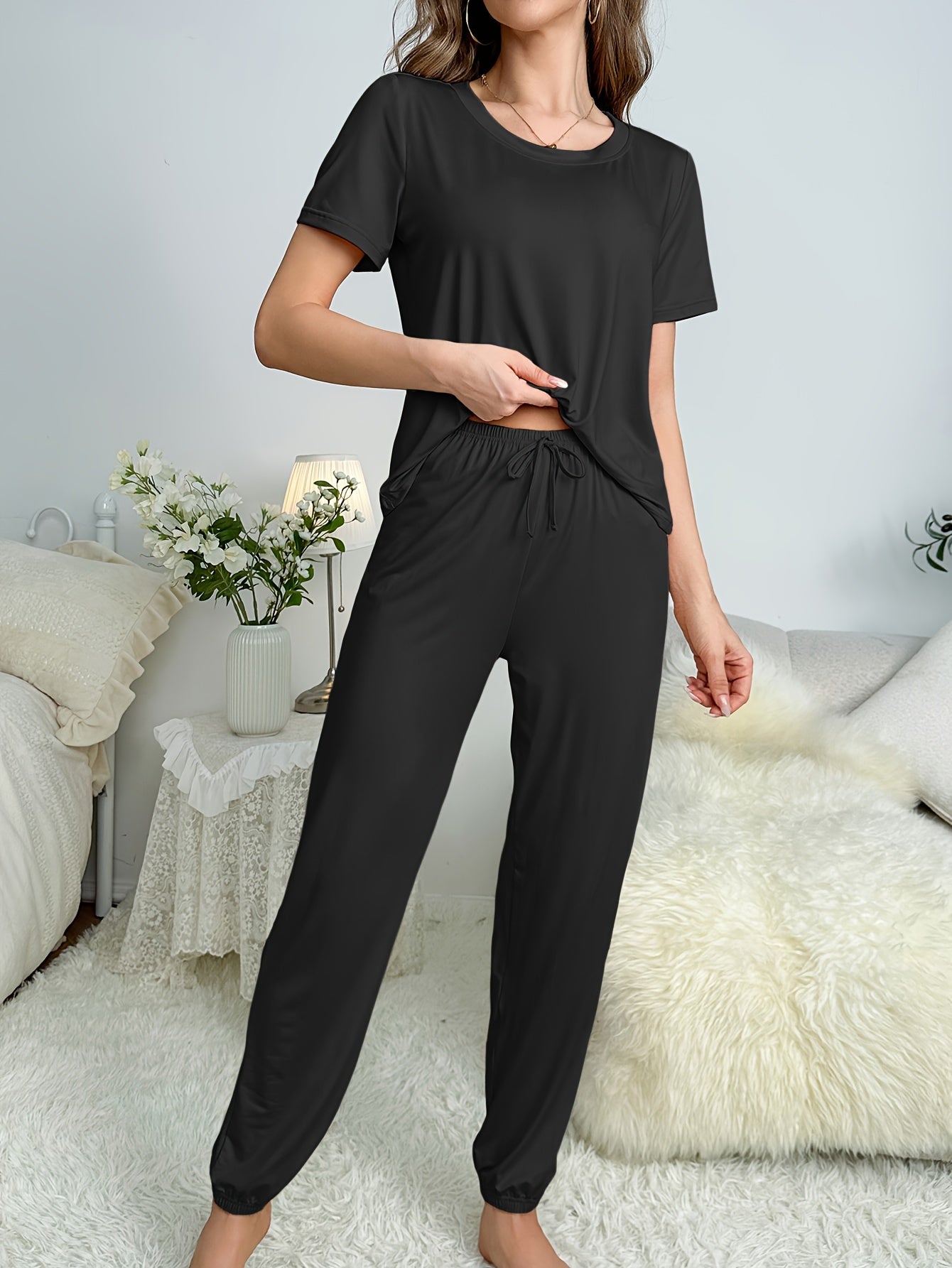 3 Sets of 6pcs, Women'S Casual Polyester Black, Blue, Red Top And Trousers Pajama Set, Solid Color, Fabric, Short Sleeve Top with Trousers Comfortable Home Casual Loungewear Sexy Can Be Worn Outside