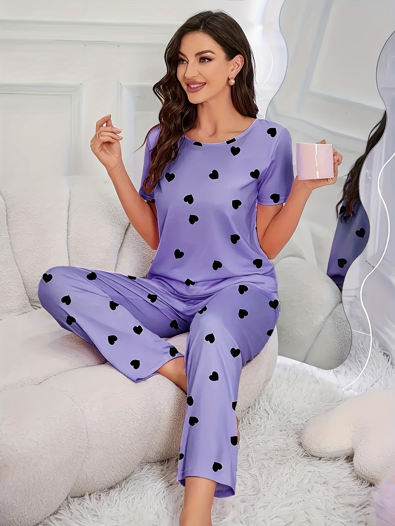 6pieces Sets Women'S Heart Print Pajamas Set, Casual Comfortable Short Sleeve T-Shirt & Elastic Waist Trousers Pj Set, Ladies Sleepwear For All Seasons