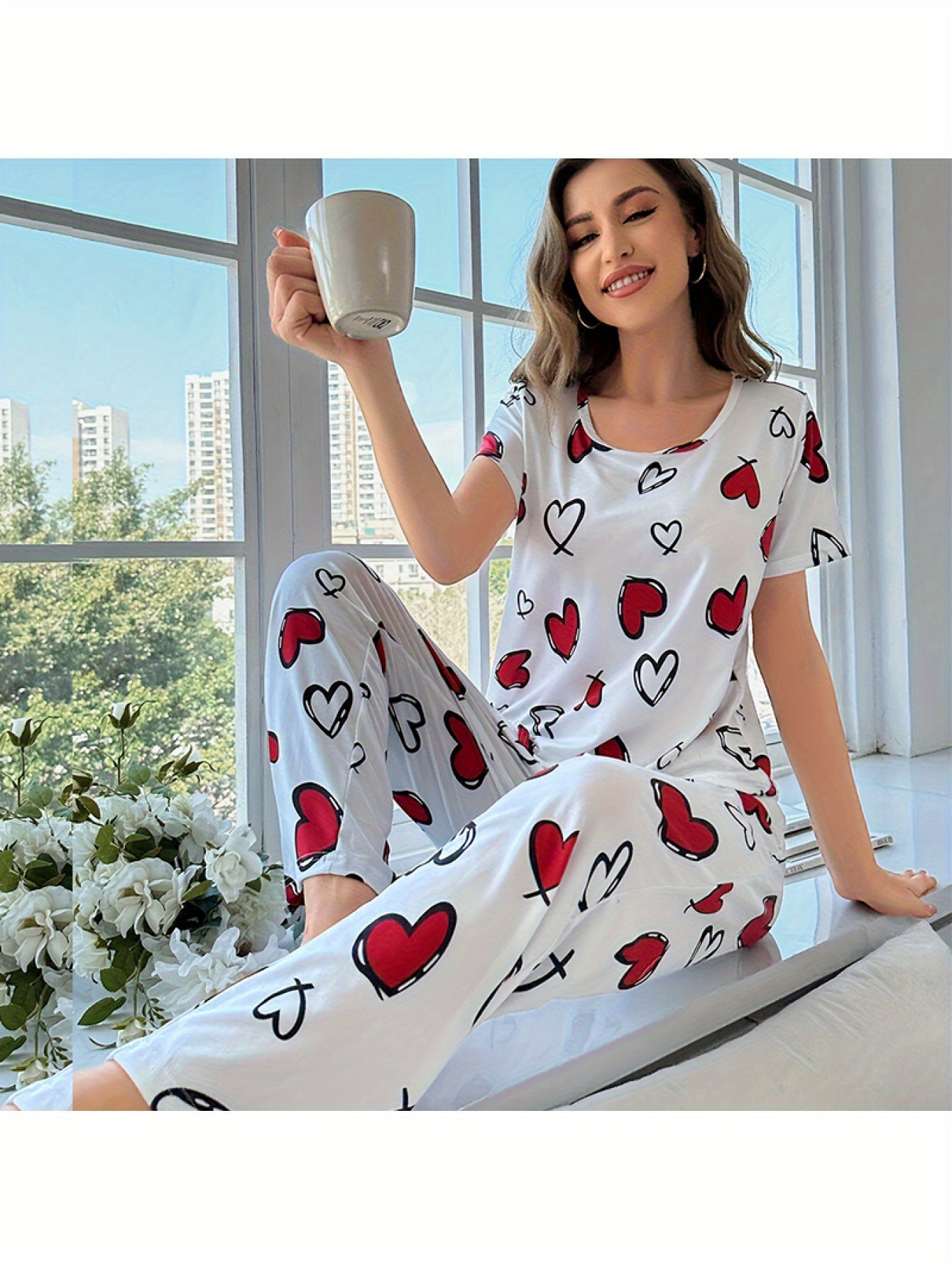 3 Sets of 6pcs, Women'S Casual Polyester White, Pink Top And Long Pants Pajama Set, Heart, Butterfly Print, Fabric, Short Sleeve Top with Trousers Comfortable Home Casual Loungewear Sexy Can Be Worn Outside