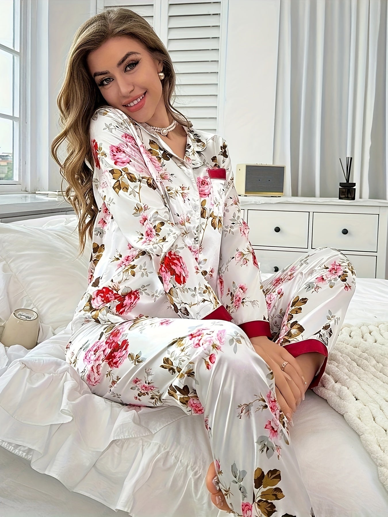 Long Sleeve Satin Color-Blocked Floral Print Autumn Pajama Set Long Pants