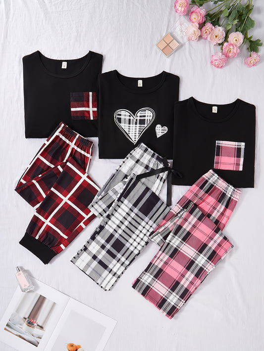 Women'S New Six-Piece Set Casual Home Wear Heart Print Pockets Long Sleeve Short Sleeve Top Plaid Pants Pajama Set