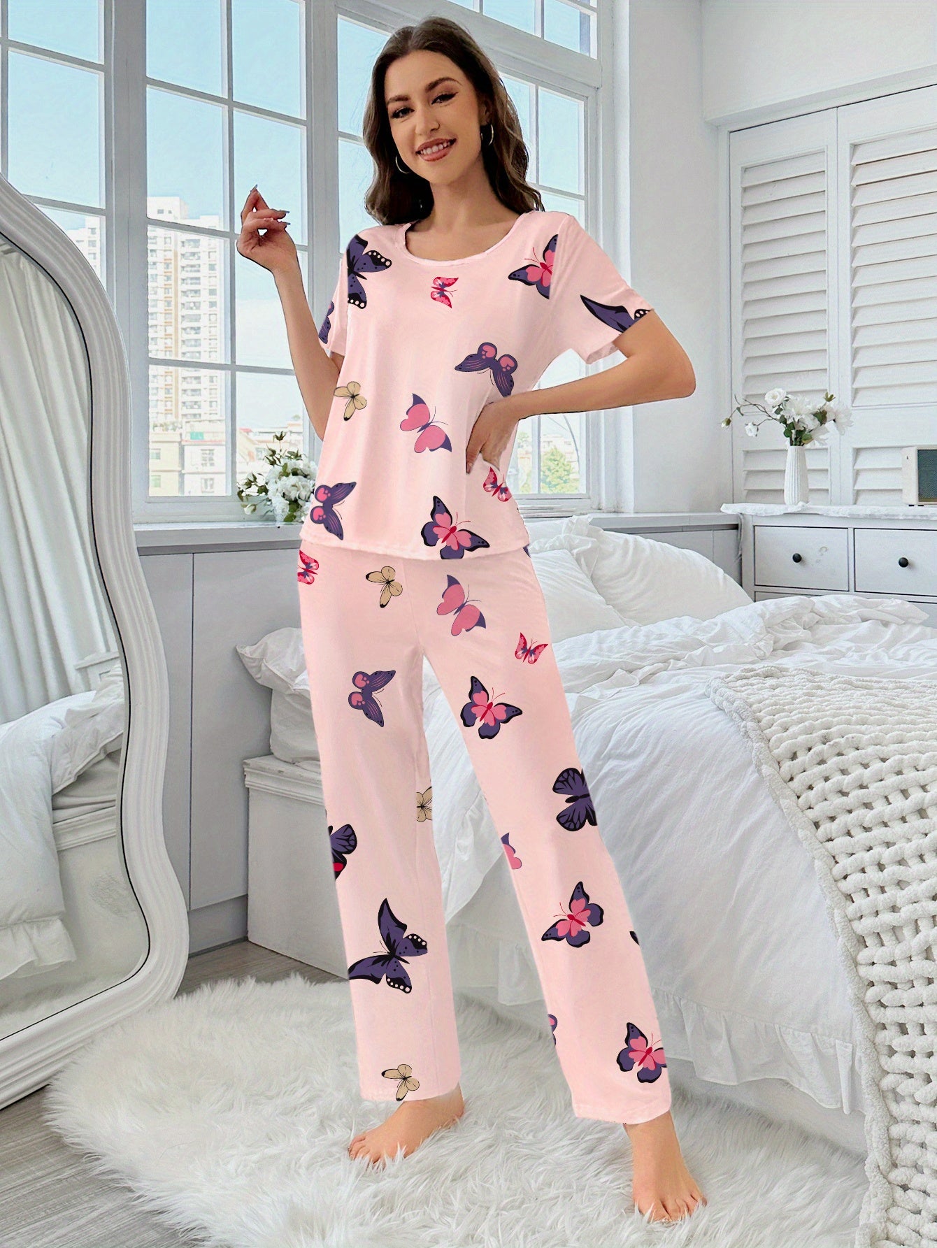 3 Sets of 6pcs, Women'S Casual Polyester White, Pink Top And Long Pants Pajama Set, Heart, Butterfly Print, Fabric, Short Sleeve Top with Trousers Comfortable Home Casual Loungewear Sexy Can Be Worn Outside