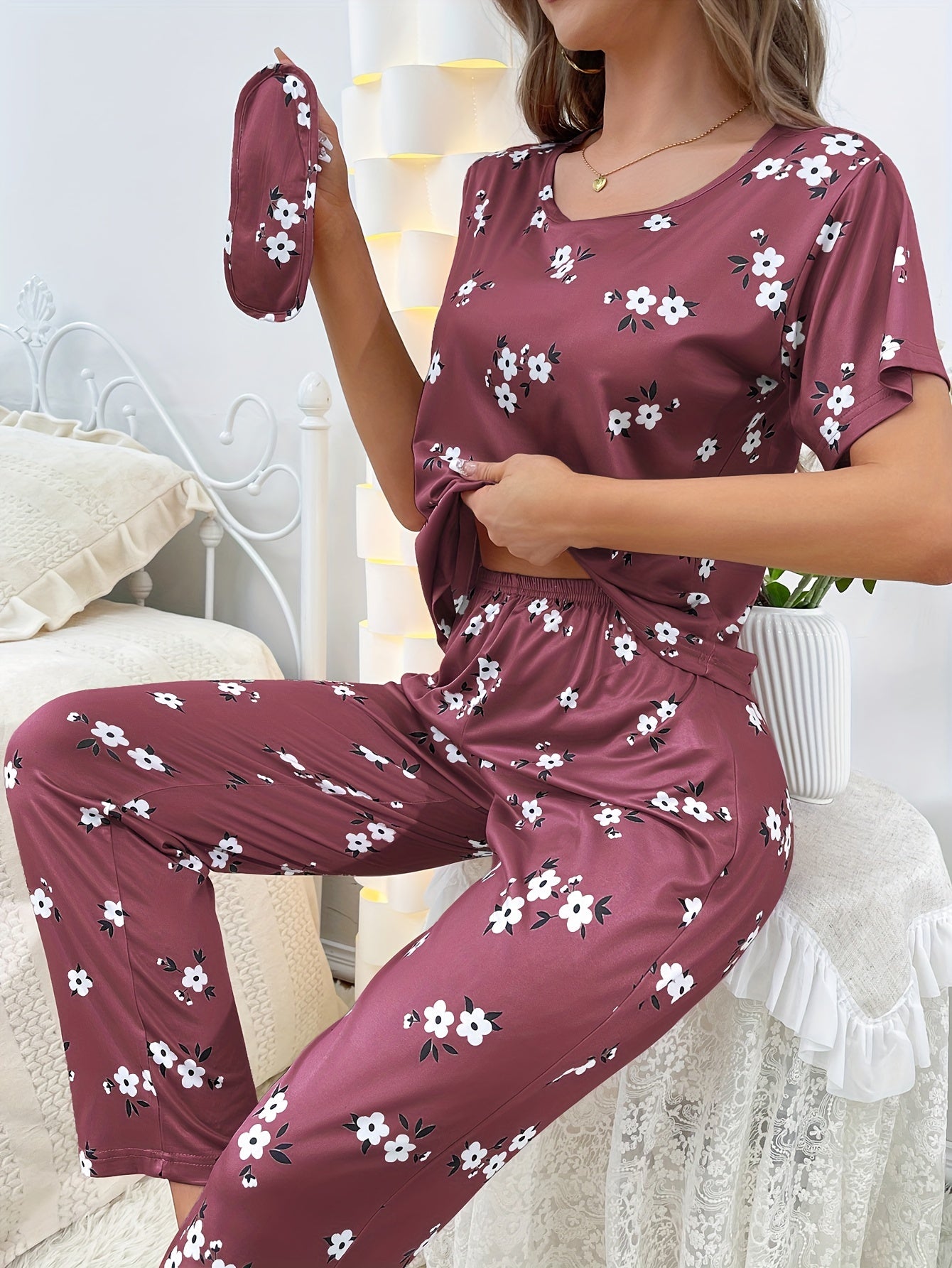 Floral Print Loose Pajamas, Short Sleeve Tee Top And Pants Pj Set, Women's Sleepwear & Loungewear
