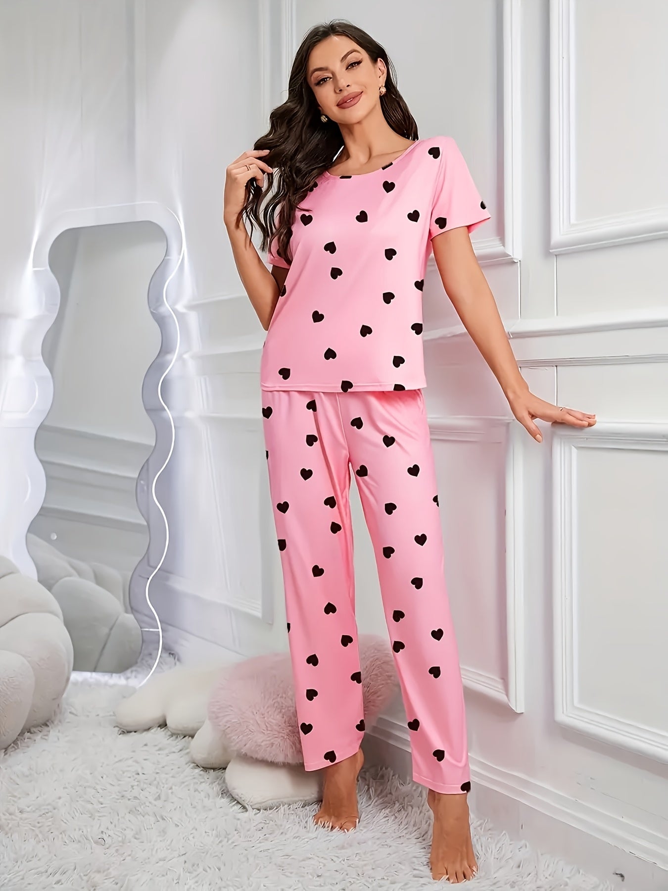 6pieces Sets Women'S Heart Print Pajamas Set, Casual Comfortable Short Sleeve T-Shirt & Elastic Waist Trousers Pj Set, Ladies Sleepwear For All Seasons